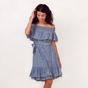LC Blue Cold Off Shoulder Peasant Bohemian Salsa Hem Fit Flare Cotton Dress M